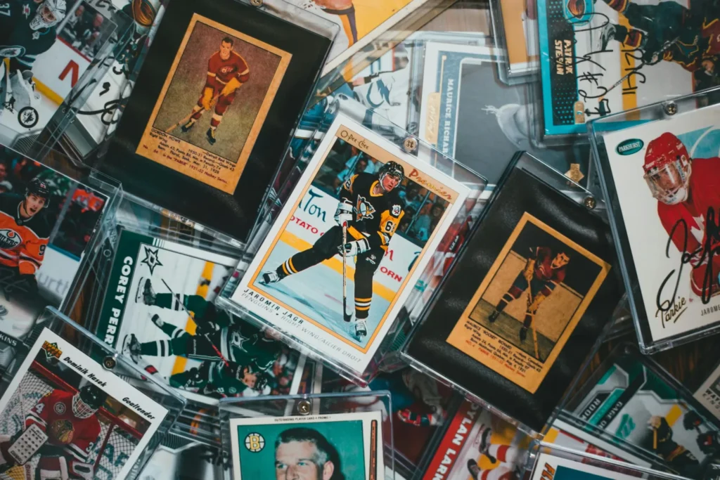 A close-up view of assorted vintage and modern hockey trading cards.