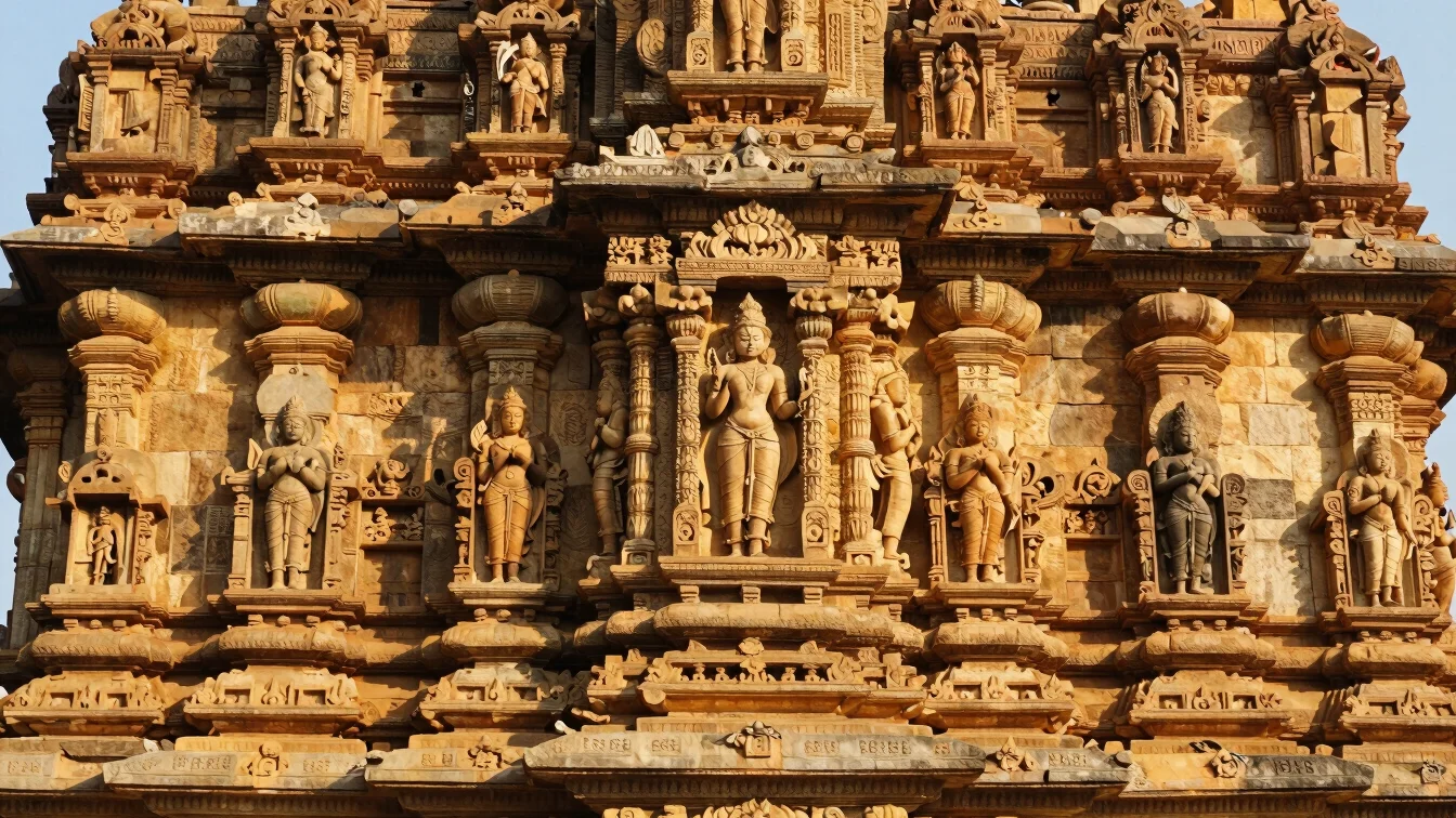 Detailed stone carving on ancient temple facade in Shri Dungargarh, warm sandstone texture, afternoon light