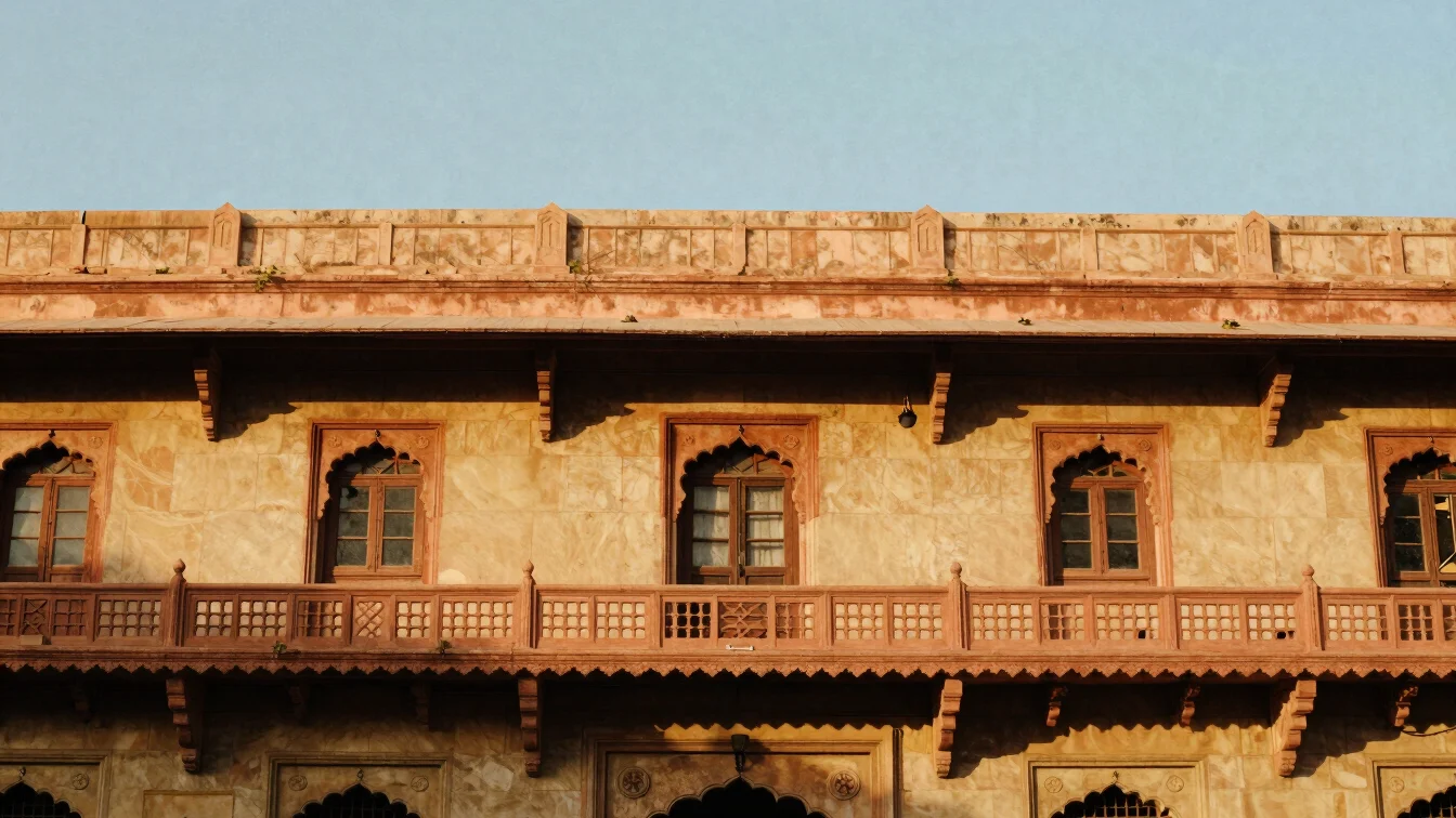 Architectural detail of a traditional Indian bank facade, clean l