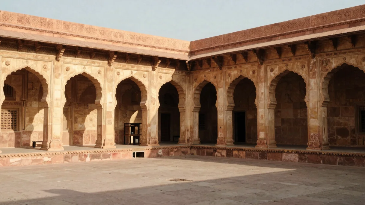 Quiet civic office courtyard with traditional Rajasthani stone arches, clean bright daylight