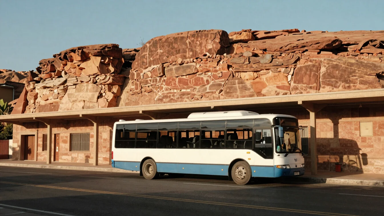 Regional bus parked near sandstone town station under clear sky, warm daylight