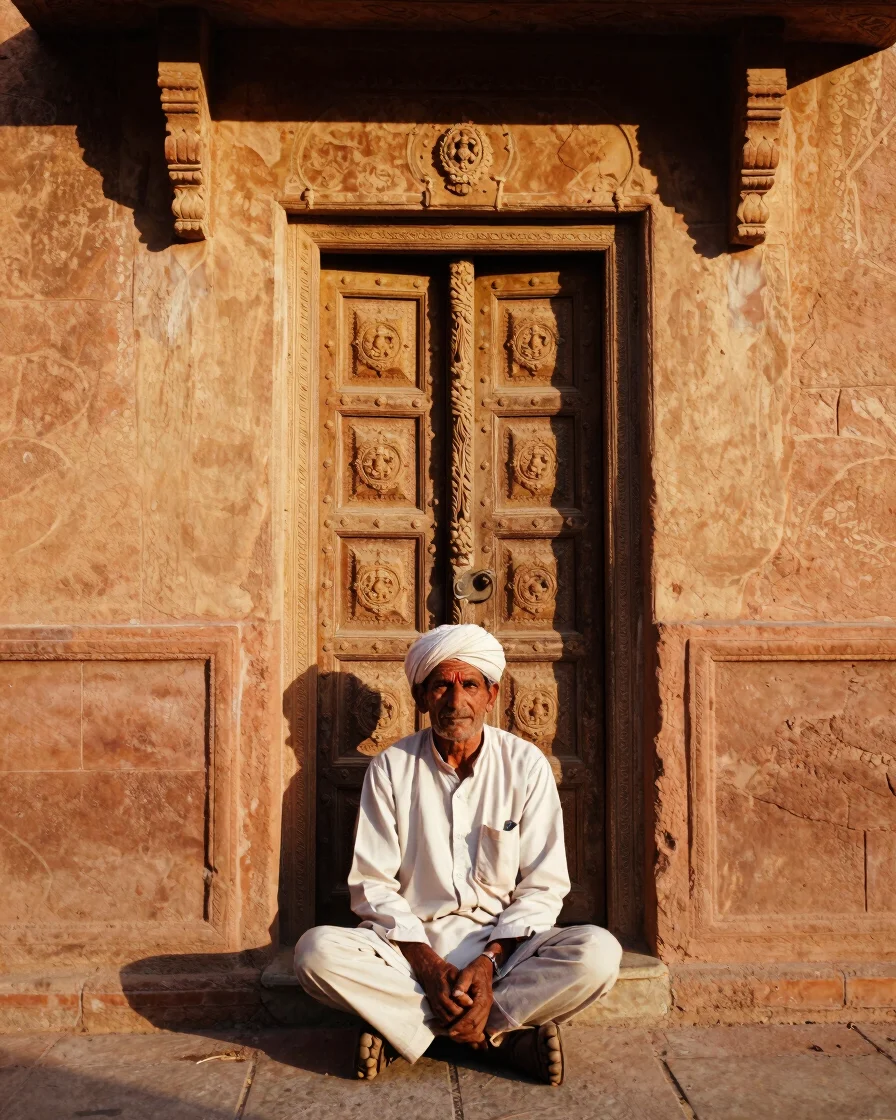 Portrait of a local storyteller sitting outside a traditional decorated door in Rajasthan, natural golden sunlight