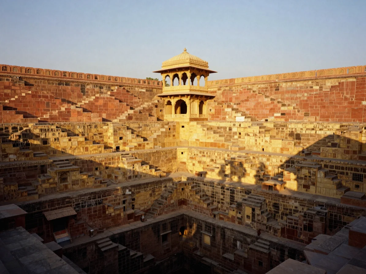 Wide environmental landscape shot of a traditional Rajasthani ste