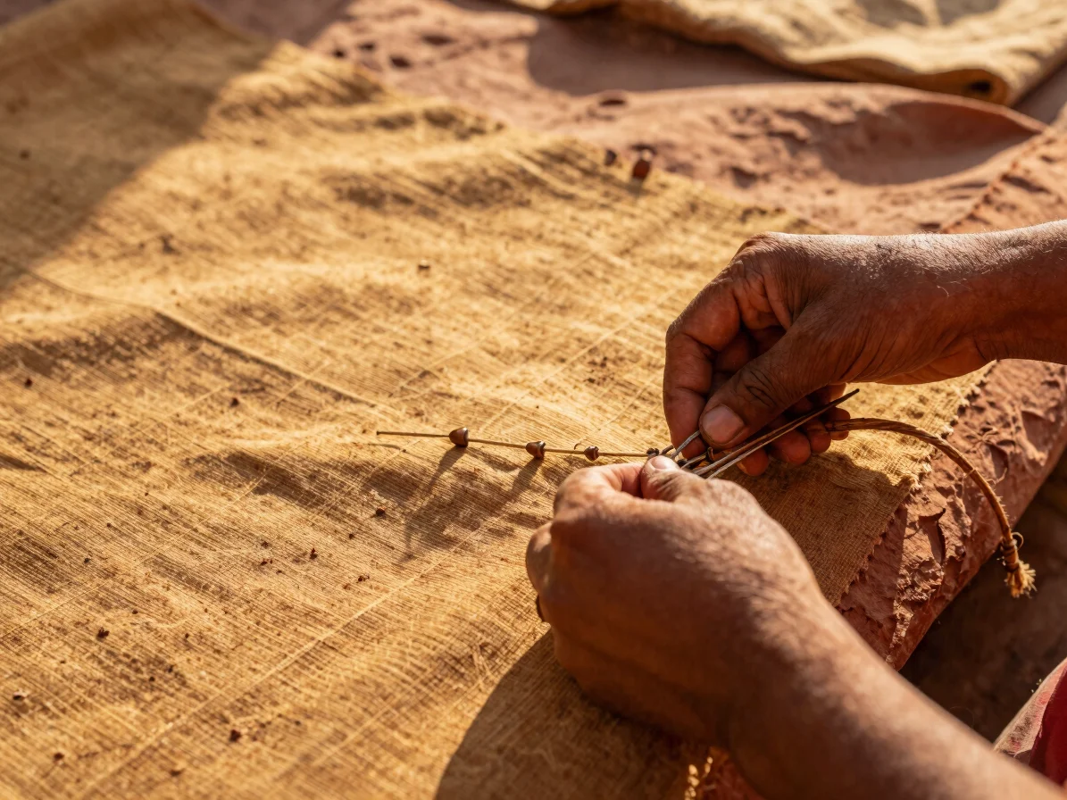 Close-up of hands weaving traditional Rajasthani textile, warm golden light, rich sandstone and terracotta tones, sharp