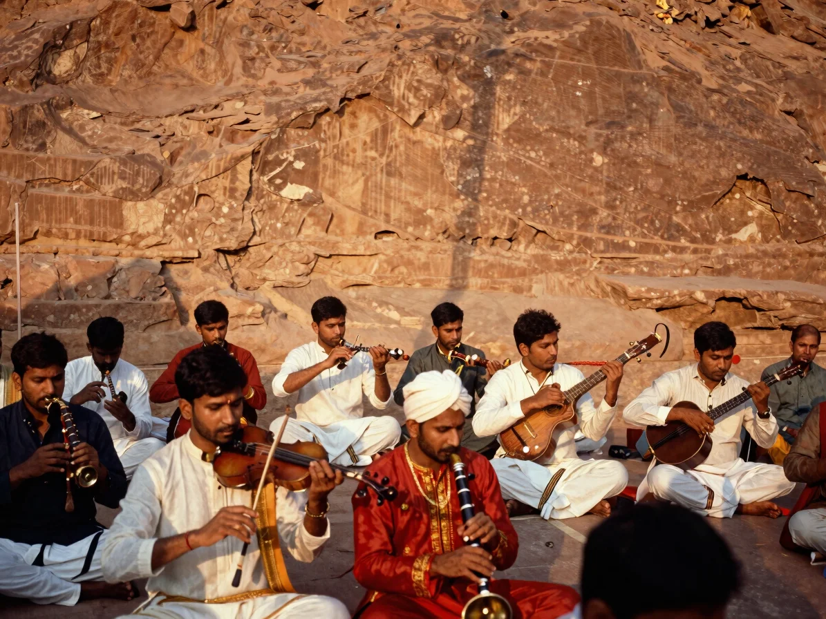 Musicians playing traditional Indian instruments during a festival, rich colors, natural golden-hour sunlight, 35mm film