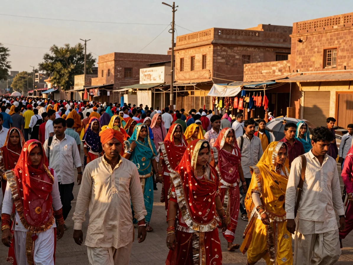 Colorful procession during a Rajasthani festival, people in traditional attire, bustling local markets in background, go