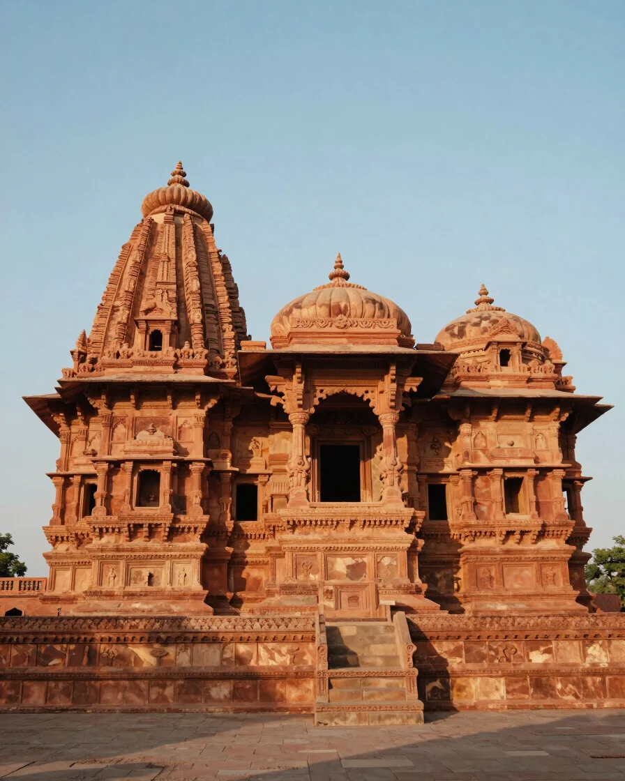 Wide shot of historic sandstone carved architecture in Shri Dungargarh during golden hour light, warm terracotta shadows