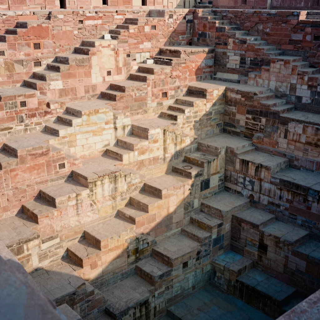Eye-level view inside a traditional stepwell, geometric steps lea