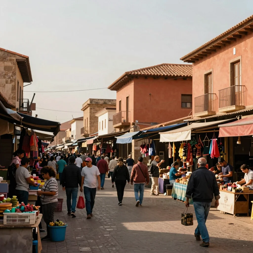 Bustling local market street scene, terracotta buildings, people,