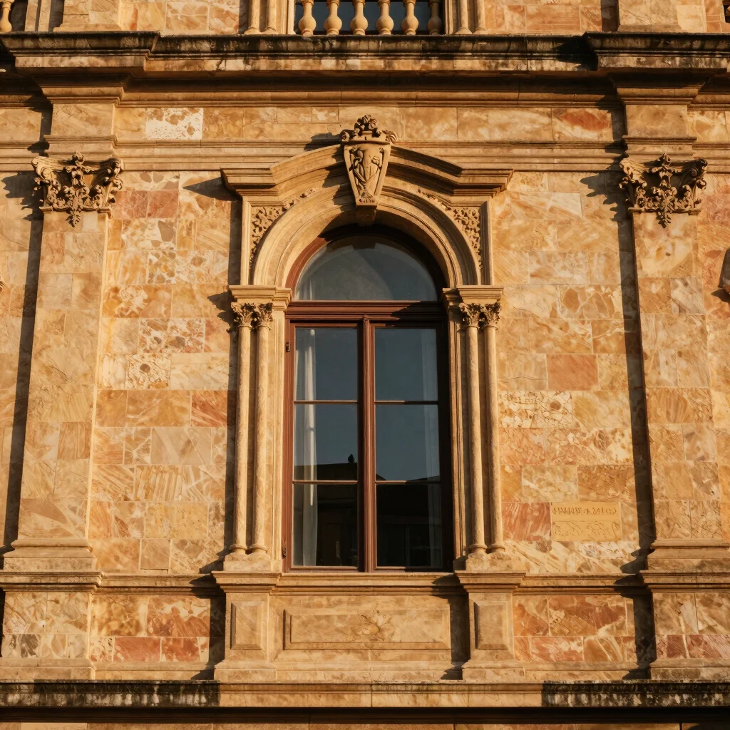 Architectural detail of a heritage building, ornate window, rich