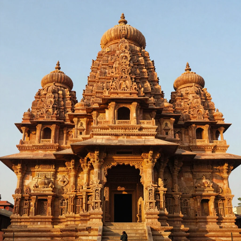 Wide shot of an ancient Rajasthani temple facade at golden hour,